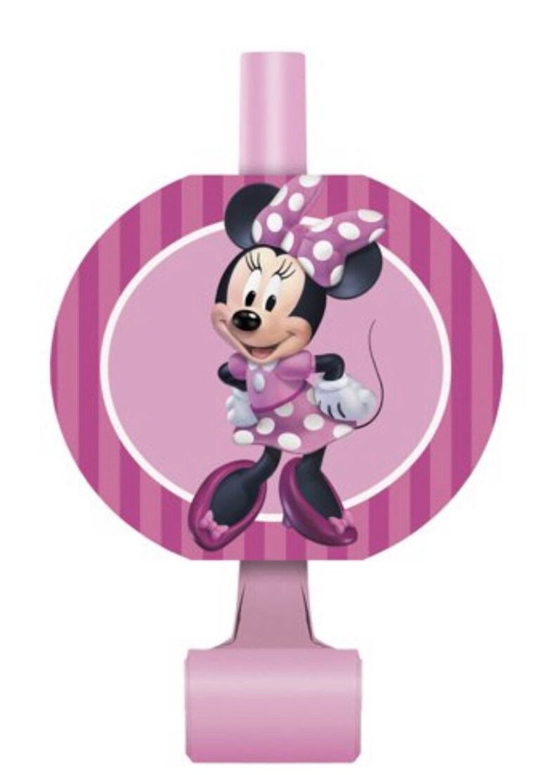 Puede incluir: Favor de fiesta de Minnie Mouse rosa y blanco con fondo a rayas rosa y blanco. El favor tiene forma de c&iacute;rculo con un asa rosa.