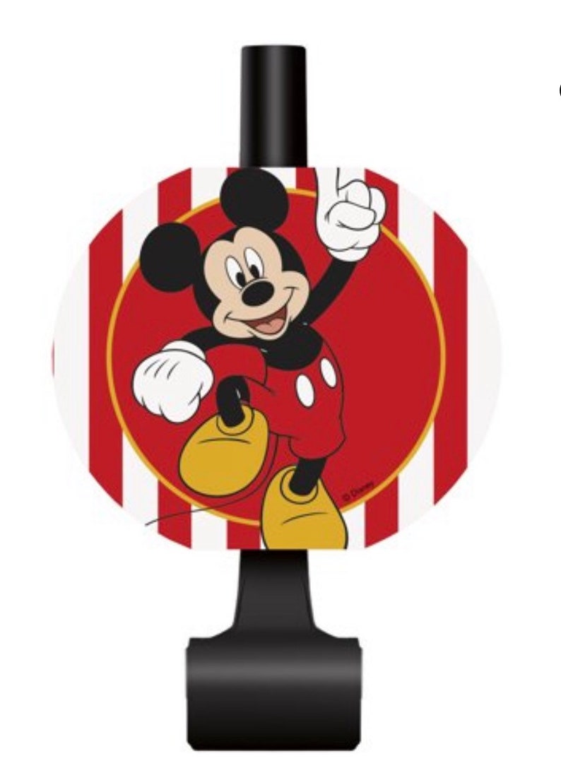 May include: A red and white striped circle with a gold outline featuring Mickey Mouse in a red and black outfit. Mickey Mouse is smiling and waving with his right hand raised. The circle is attached to a black plastic party noisemaker.