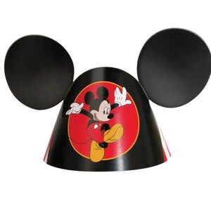 May include: Black and red party hat with Mickey Mouse ears and a red circle with Mickey Mouse in the center.