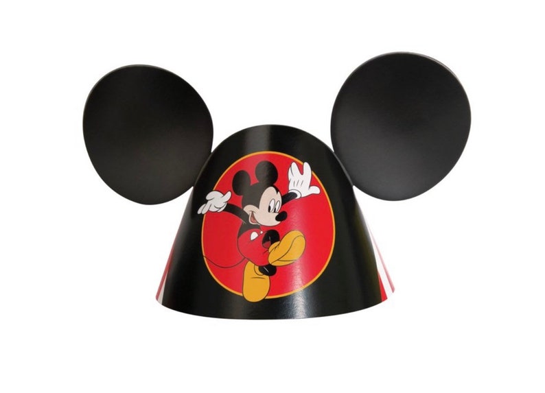 May include: Black and red party hat with Mickey Mouse ears and a red circle with Mickey Mouse in the center.