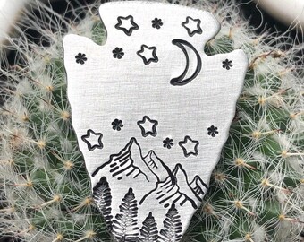 Arrowhead Mountains + Trees : Custom, Personalized, Hand stamped Metal Dog Tag, Pet ID Tag