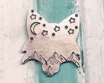 Etiqueta de cachorro Fox Face: personalizada, feita à mão, personalizada, carimbada à mão, metal, etiqueta de cachorro, etiqueta de identificação de animal de estimação, etiqueta de gato, aventura, etiquetas de nome de cachorro, etiquetas de animais de estimação