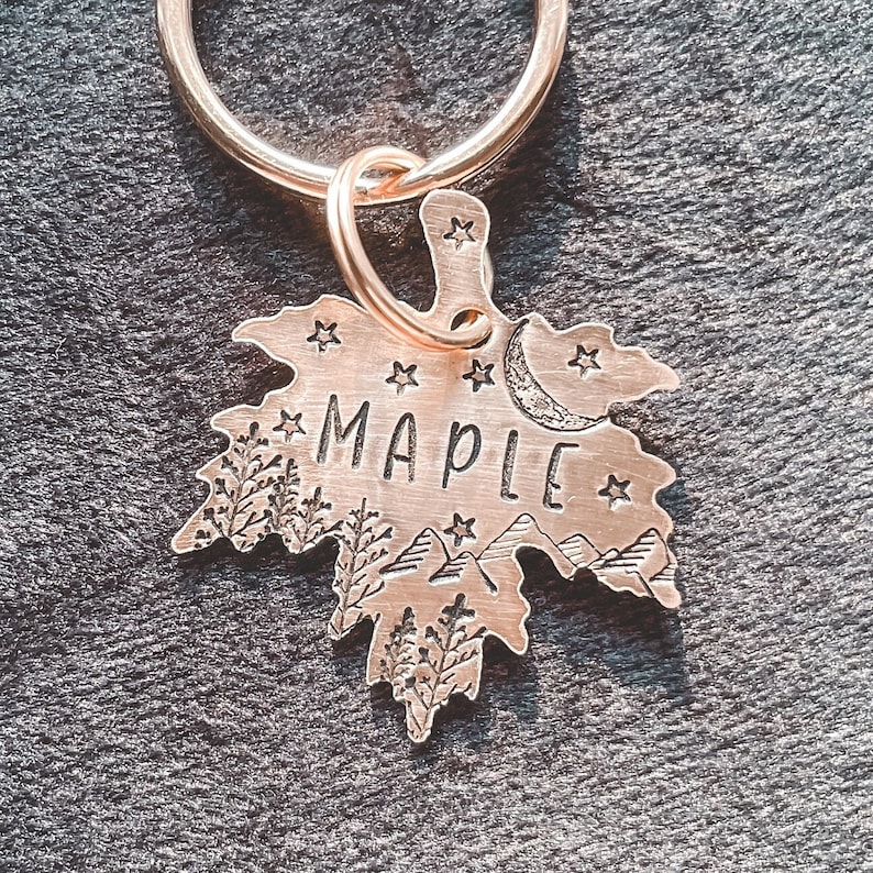 Maple Leaf, Custom, Fall Dog Tag, Mountains, Moon, Personalized, Dog Tag, Pet ID Tag, Cat Tag, Dog Tag for Dogs, Dog Name Tags, Pet Name Tag image 1