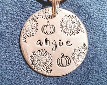 Etiqueta para cães de girassol, Etiqueta para cães de outono, Etiqueta para cães de abóbora, Floral, Etiqueta para cães de Halloween, Etiqueta para cães personalizada, Carimbada à mão, Etiqueta para identificação de animais de estimação, Etiquetas para gatos, Etiquetas de identificação