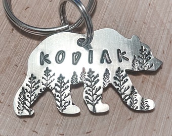 Forest Bear : Custom, Hand Crafted,Hand stamped, Metal tags, Dog Tags, Pet ID Tag, Cat Tag, Dog Tags for Dogs ,Dog ID Tags, Bear Shaped Tags