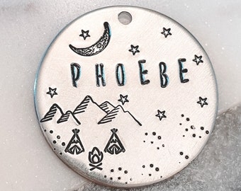 Mountain Dog Tag, Custom Dog Tag, Dog Tags, Dog ID Tag, Night Sky, Desert, Adventure Dog Tag, Camping Dog Tag, Teepee, Moon Dog Tag, Bonfire