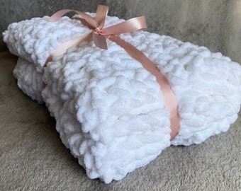 White Soft Handmade Baby or Toddler Blanket, Chunky Knit Crochet, approx 28x30 inches, Bedding, Throw, Baby Blanket, Baby Gift