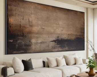 May include: A large, rectangular horizontal wall art piece featuring an abstract composition in shades of dark brown, bronze, and black. The textured surface displays layered horizontal strokes and vertical markings within a thin black frame.