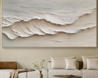 Beige Abstract Wave Painting, 3D Textured Coastal Canvas Wall Art, Large Modern Minimalist Home Decor