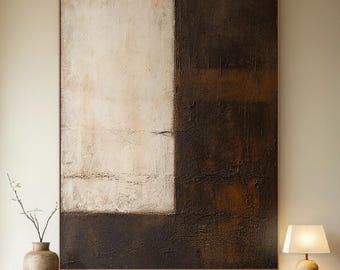 Cuadro abstracto en tonos beige y marrón, gran obra de arte texturizada para la decoración del hogar, arte en lienzo estilo Wabi Sabi.