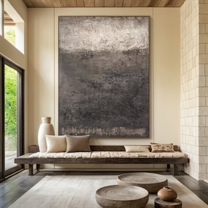 Large Black and White Abstract Oil Painting: Minimalist Wall Art