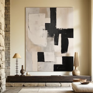 Black Beige Abstract Painting: Large Minimalist Textured Canvas Art
