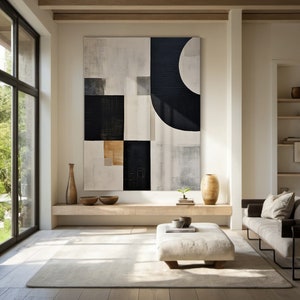 Black Beige Abstract Canvas Painting: Minimalist Wabi Sabi Wall Art