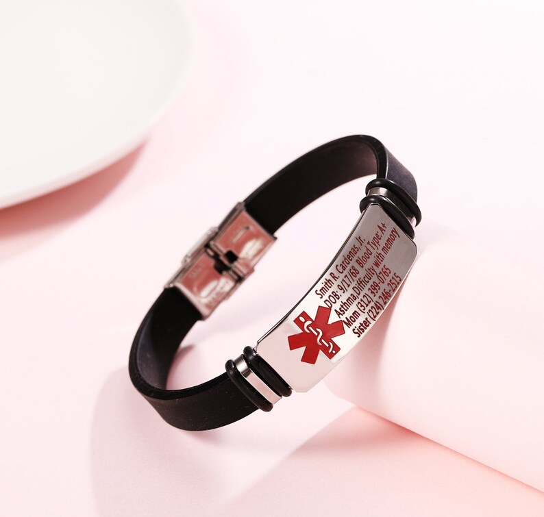 Bracelet Médical Réglable En Silicone - Gravure Personnalisable, étanche - Pour Femme Et Homme - 3