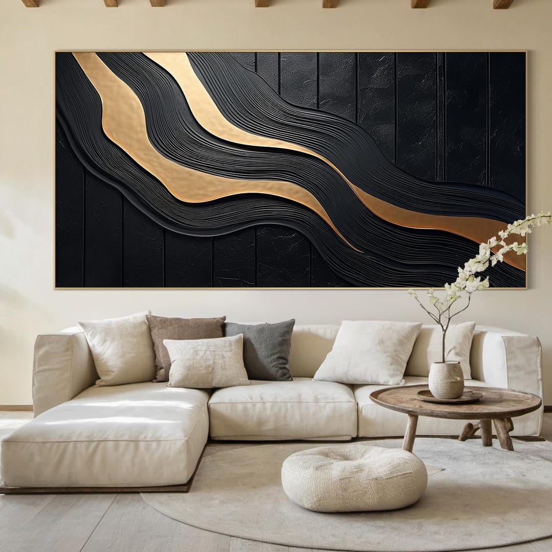 Large Black and Gold Leaf Abstract Painting: Modern Minimalist Art - Etsy