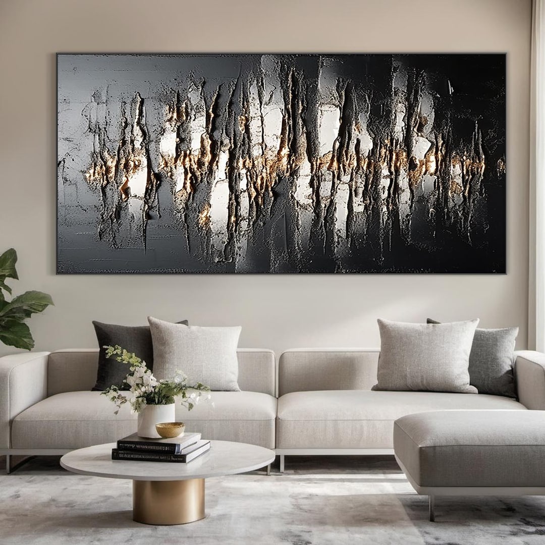 Large Black Abstract Painting: Gold Leaf Modern Wall Art - Etsy