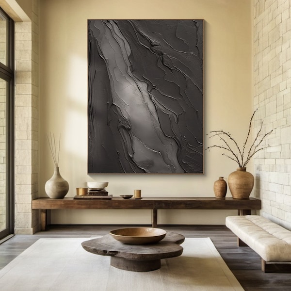 Minimal Black Painting,Black And Gray Abstract Painting,Large Horizontal Black Painting,Black Wabi-sabi Wall Art,Black Abstract Oil Painting