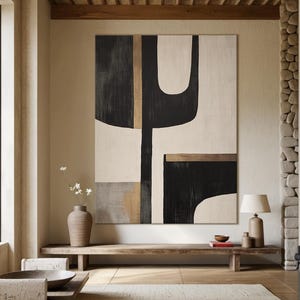 Large Beige Textured Canvas Painting: Black Minimalist Abstract Wall Art