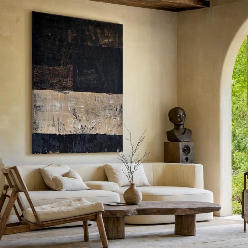 Neutral Black and Beige Oil Painting, Dark Textured Abstract Wall Art ...