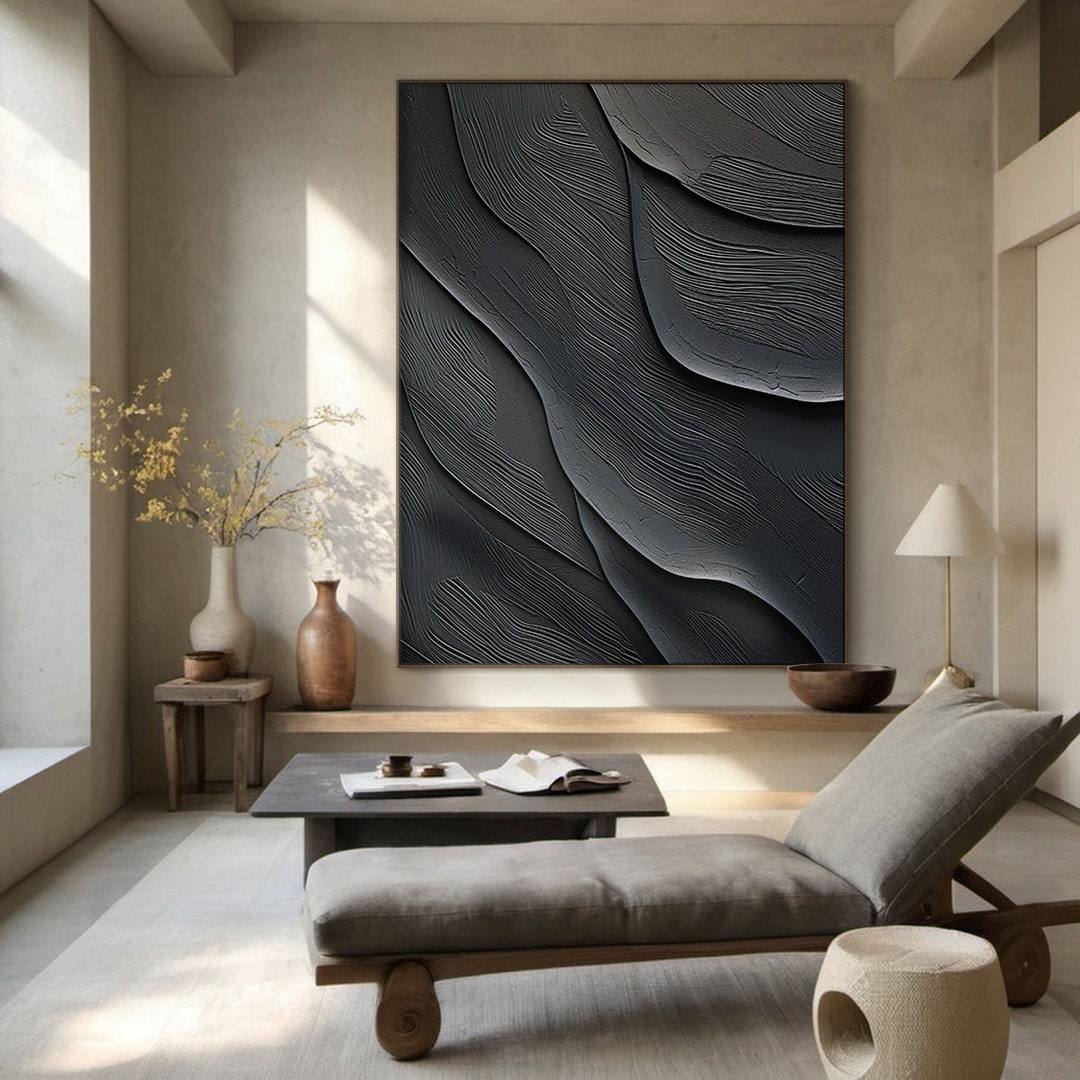 Large Black Textured Wall Mural,black Wabisabi Wall Art,black Minimalist Abstract Painting ...