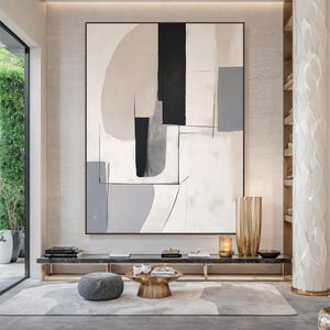 Large Black Beige Abstract Painting: Minimalist Wabi Sabi Wall Art