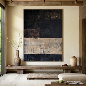 Large Black Beige Abstract Painting, Textured Palette Knife Canvas