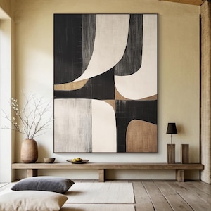 Black Beige Abstract Canvas Painting: Minimalist Wabi Sabi Wall Art