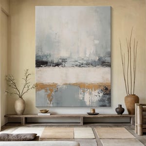 Extra Large Beige and Blue Abstract Oil Painting: Modern Minimalist Canvas Art