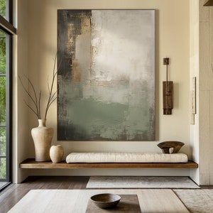Large Abstract Green Painting,Green Minimal Painting Modern Art,Gray Green Textured Painting,Green Beige Abstract Art,Neutral Oil Painting