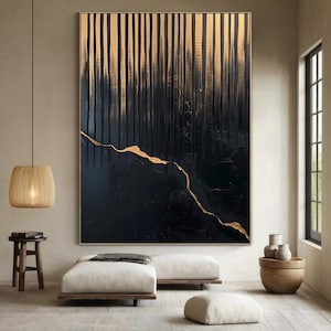 Große Schwarze Abstrakte Malerei: Blattgold Moderne Wandkunst