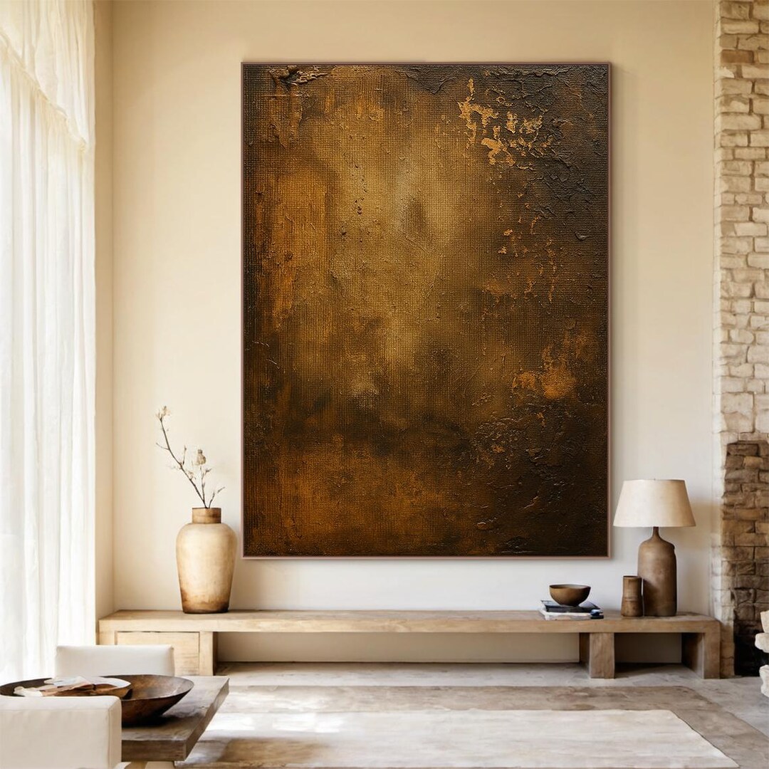 Large Abstract Oil Painting, Brown Wabi Sabi Wall Art, Handmade Canvas ...