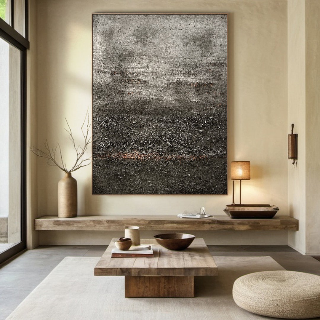 Gray Black Wall Art, Large Black Abstract Painting,gray Texture Frame ...