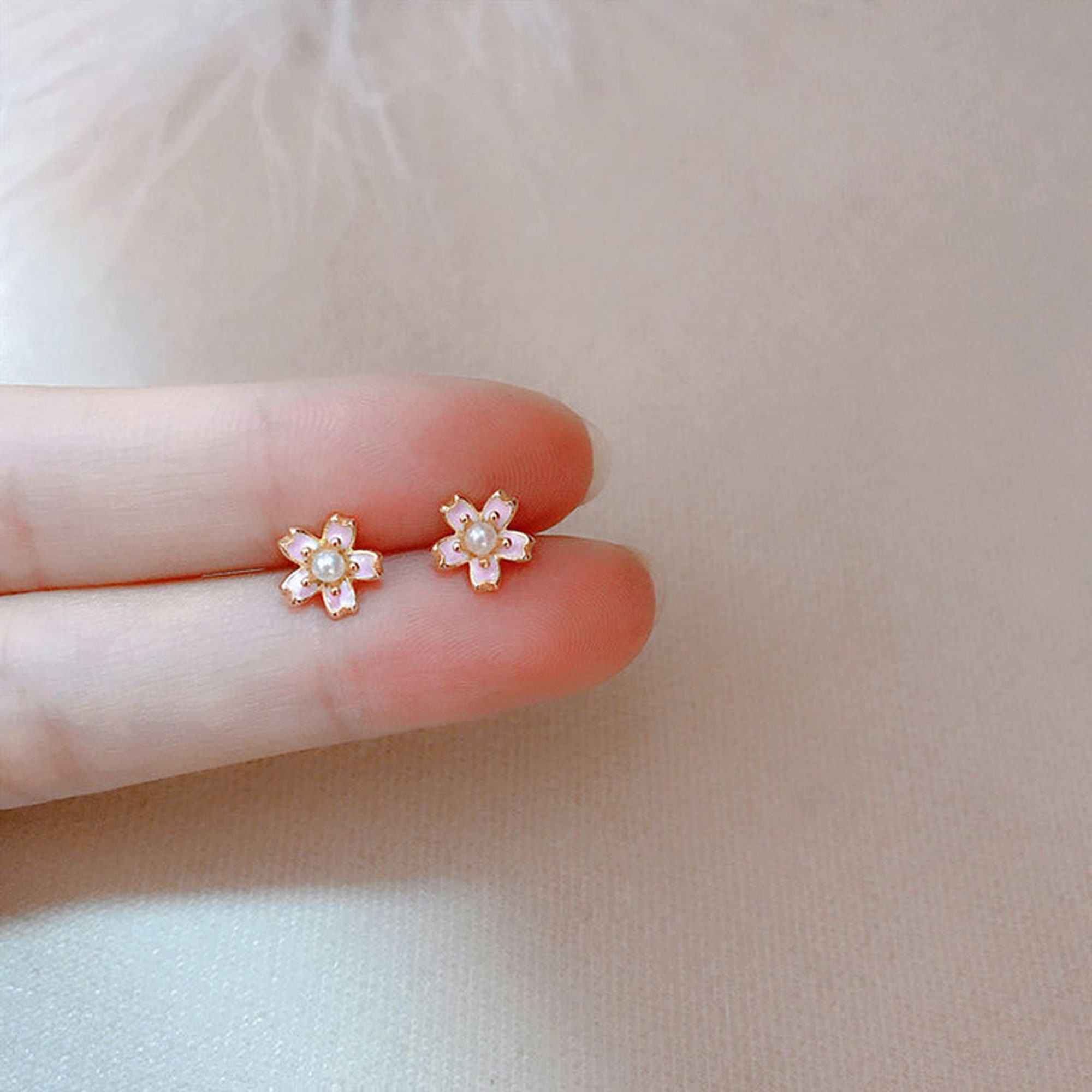 White Cherry Blossom Asymmetrical Post Earrings – Les Néréides