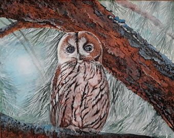 owl acrylic original painting, nature, animal painting, bird in tree