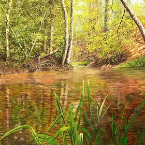 River in spring Original Acrylic painting, forest river, water scene