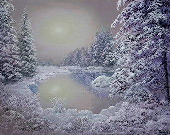 冬の森のアクリル画、夕暮れの雪景色、自然風景画、新年のクリスマス