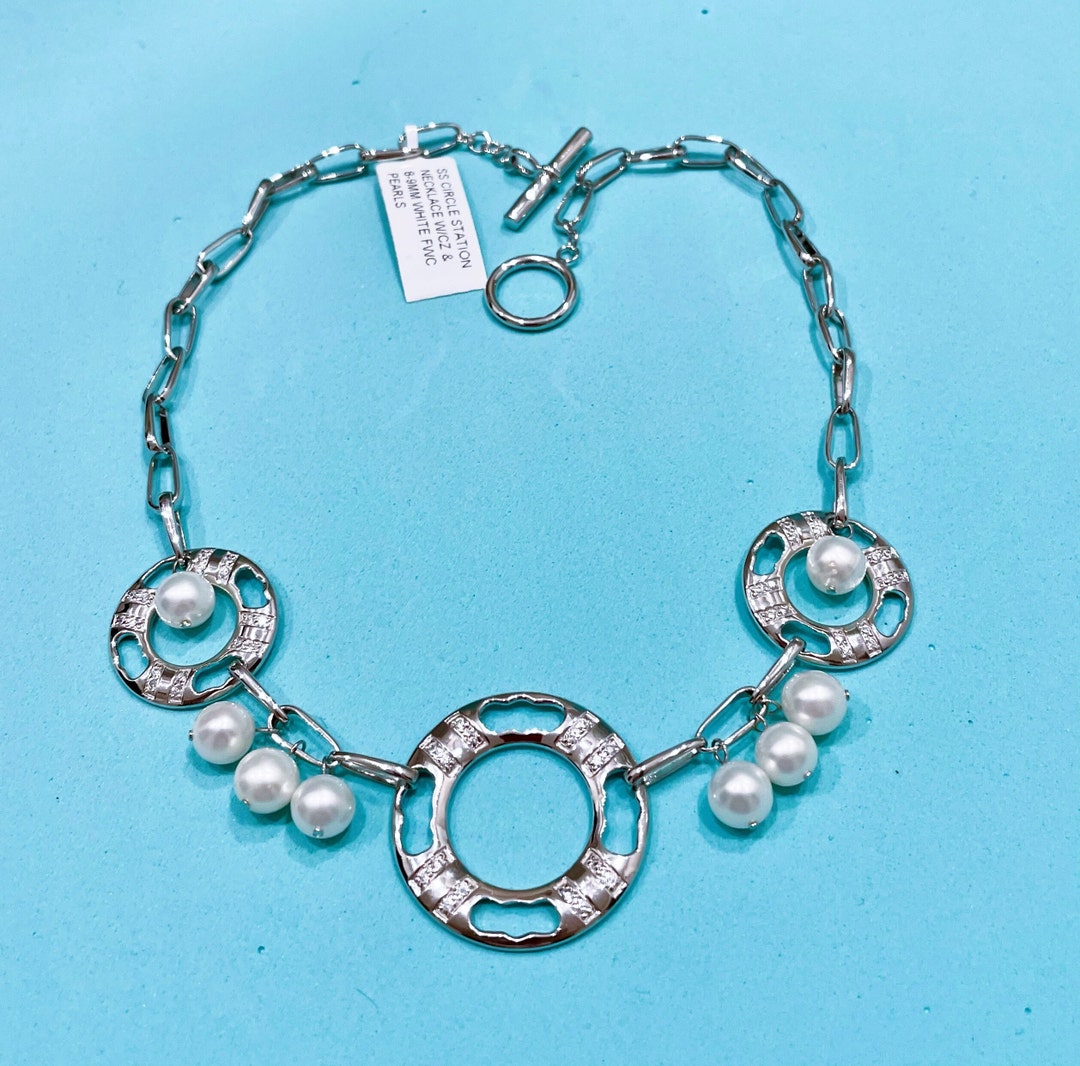 Sterling Silver Circle Necklace W/8-9mm Pearls & CZ - Etsy