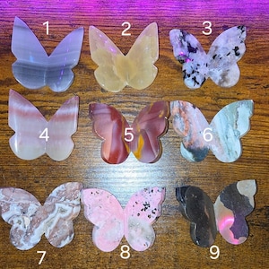 May include: Nine butterfly-shaped stone carvings arranged in a grid, numbered 1 through 9. Each piece features distinct colors and patterns, including translucent purple, yellow, speckled white, pink-striped, red-brown, blue-grey, brown, pink, and black.