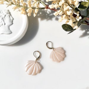 Dainty Shell Dangle, Lightweight and Handmade Polymer Clay Translucent Pearl Greece Summer Seashell Earrings