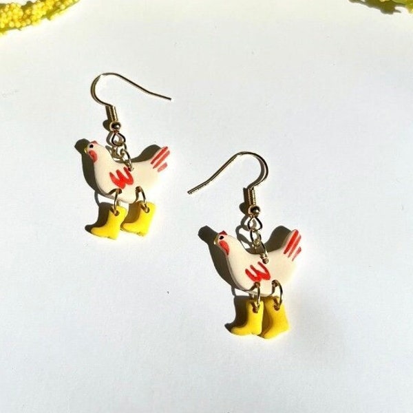 Spring Chicken Boots, Lightweight and Handmade Spring Easter Yellow Rainboot Chicken Polymer Clay Earrings