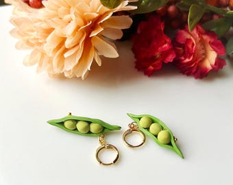 Peas in a Pod Huggy Hoops, Lightweight and Handmade Polymer Clay Vegetable Earrings
