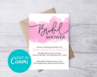 Einfache rosa Aquarell Brautparty Einladung Vorlage bearbeitbar mit Canva 15x7