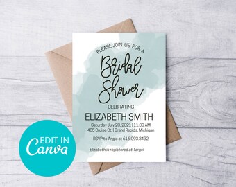 Einfache Dusty Blue Aquarell Brautparty Einladung Vorlage bearbeitbar mit Canva 15x7