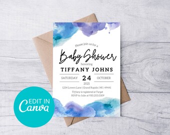 Einfache Blau Lila Aquarell Baby Shower Einladung Vorlage Bearbeitbar mit Canva 5x7 Active