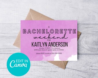 Einfache lila Aquarell Bachelorette Party Wochenende Einladung Vorlage bearbeitbar mit Canva 15x7