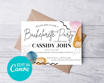 Bearbeitbare abstrakte Bachelorette Party Einladung, Retro Invite, Abstrakte Braut, Bachelorette Party Einladung Vorlage, Canva
