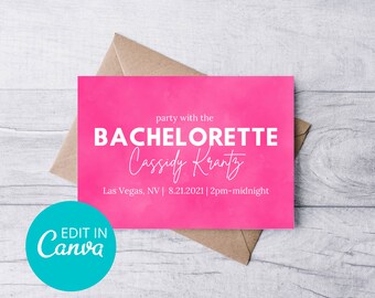 Bearbeitbare Hot Pink Bachelorette Party Einladung, Aquarell Invite, Hot Pink Braut, Bachelorette Party Einladungsvorlage, Canva