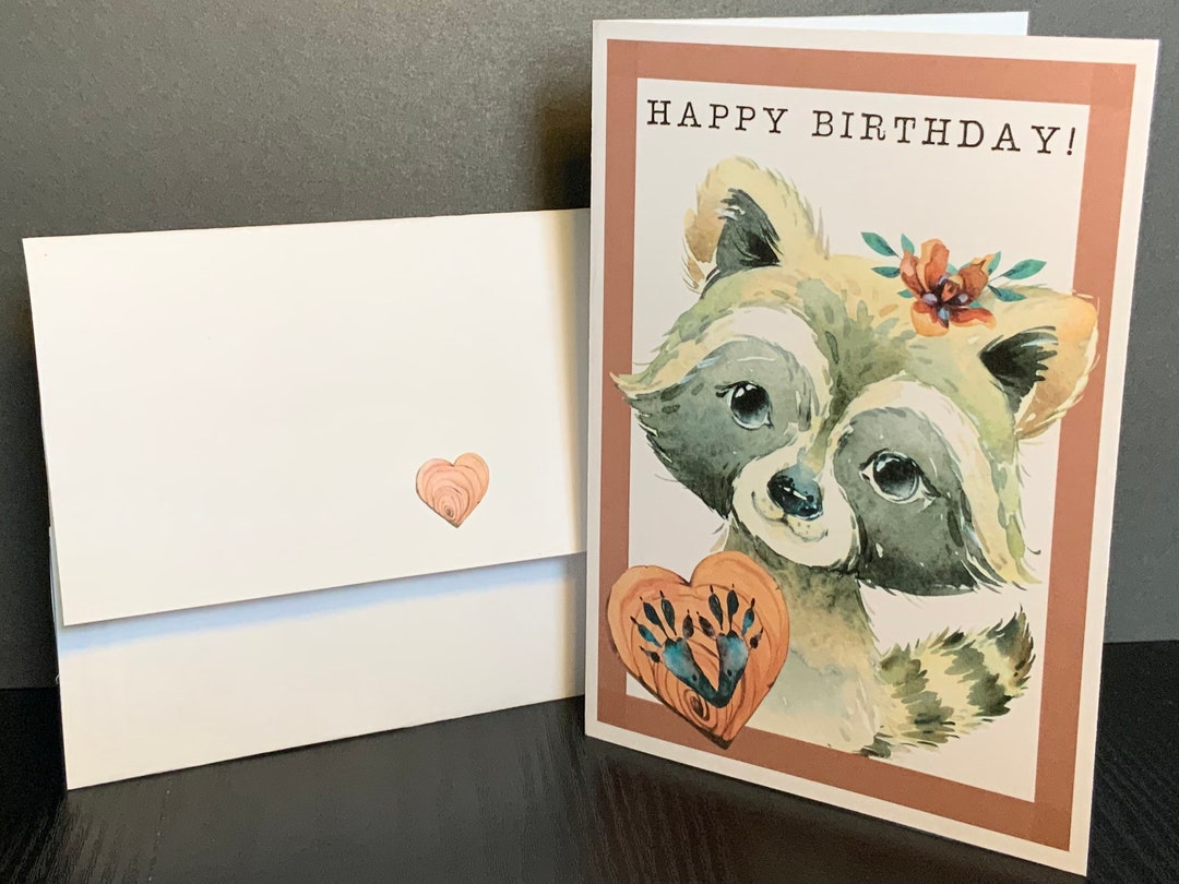 Printable Birthday Card and Envelope, Woodland Raccoon Happy Birthday