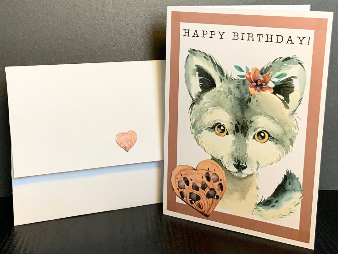 Printable Birthday Card and Envelope, Woodland Wolf Happy Birthday Card