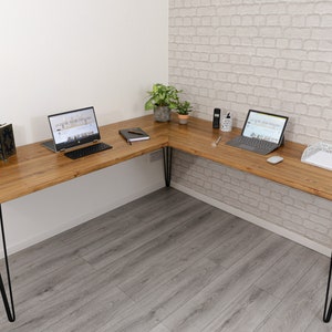 bespoke wooden corner desk | L shape desk | hairpin legs | wood desk | steel legs | custom size |